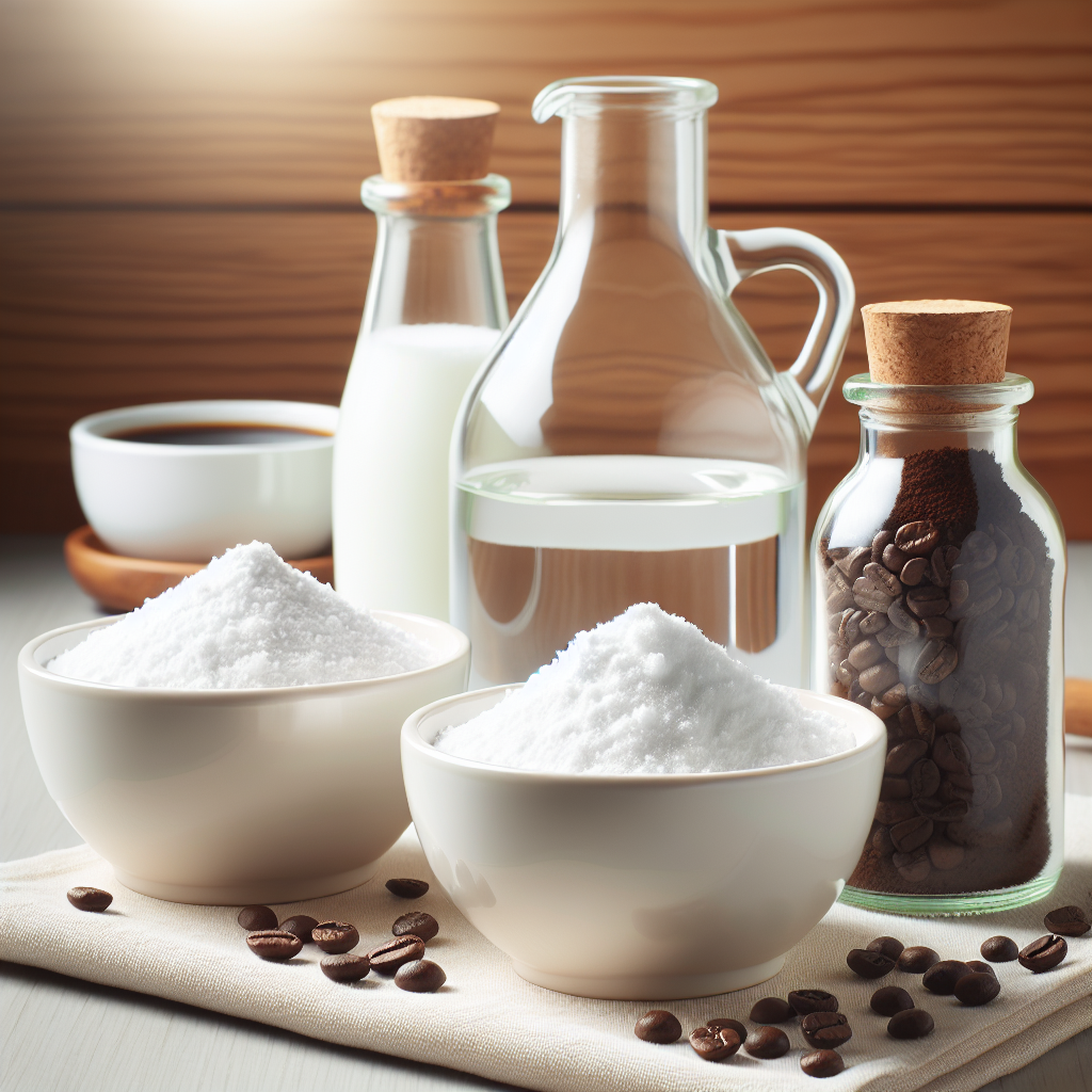 Close-up shot of small, clean white bowls containing baking soda powder, a glass bottle of white vinegar, and fresh coffee grounds, arranged neatly on a light wooden kitchen counter. Bright, natural lighting. The scene evokes freshness, cleanliness, and natural home remedies for odor removal. Photorealistic.