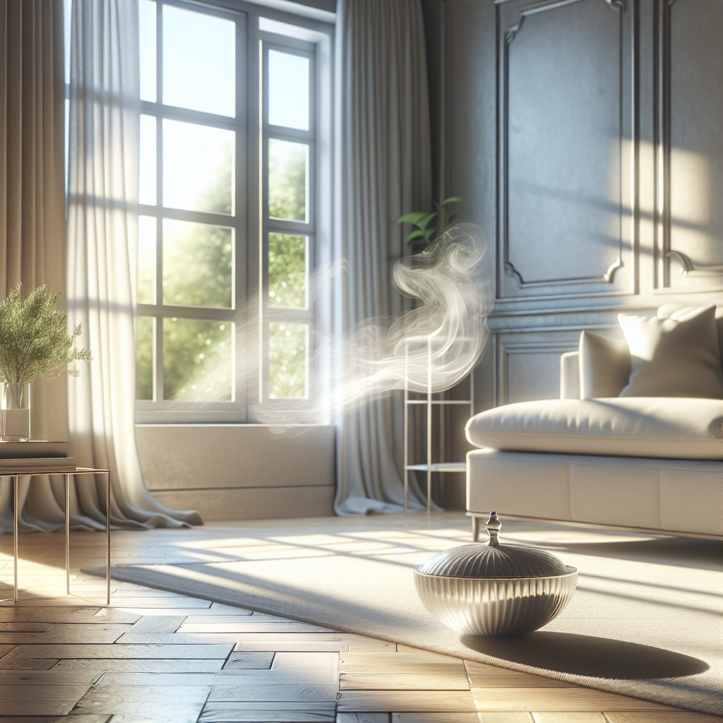 A bright, airy living room with a slightly open window, letting in a gentle breeze and soft sunlight. The room feels exceptionally clean and fresh, with a subtle visual representation of unpleasant odors dissipating into thin air. A small, decorative bowl (hinting at a natural remedy) sits on a side table. Photorealistic, warm and inviting atmosphere.