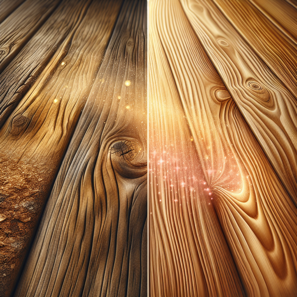 A close-up of a warm-toned wooden surface (like an old floorboard or a piece of vintage furniture) visually transforming. On one side, it appears slightly dull and faded, with a subtle, almost transparent wisp of 'musty' air lifting away. On the other side, the wood looks polished, vibrant, and emanates a gentle, sparkling aura representing freshness and cleanliness. Soft, natural light illuminates the scene. Realistic, photorealistic style.