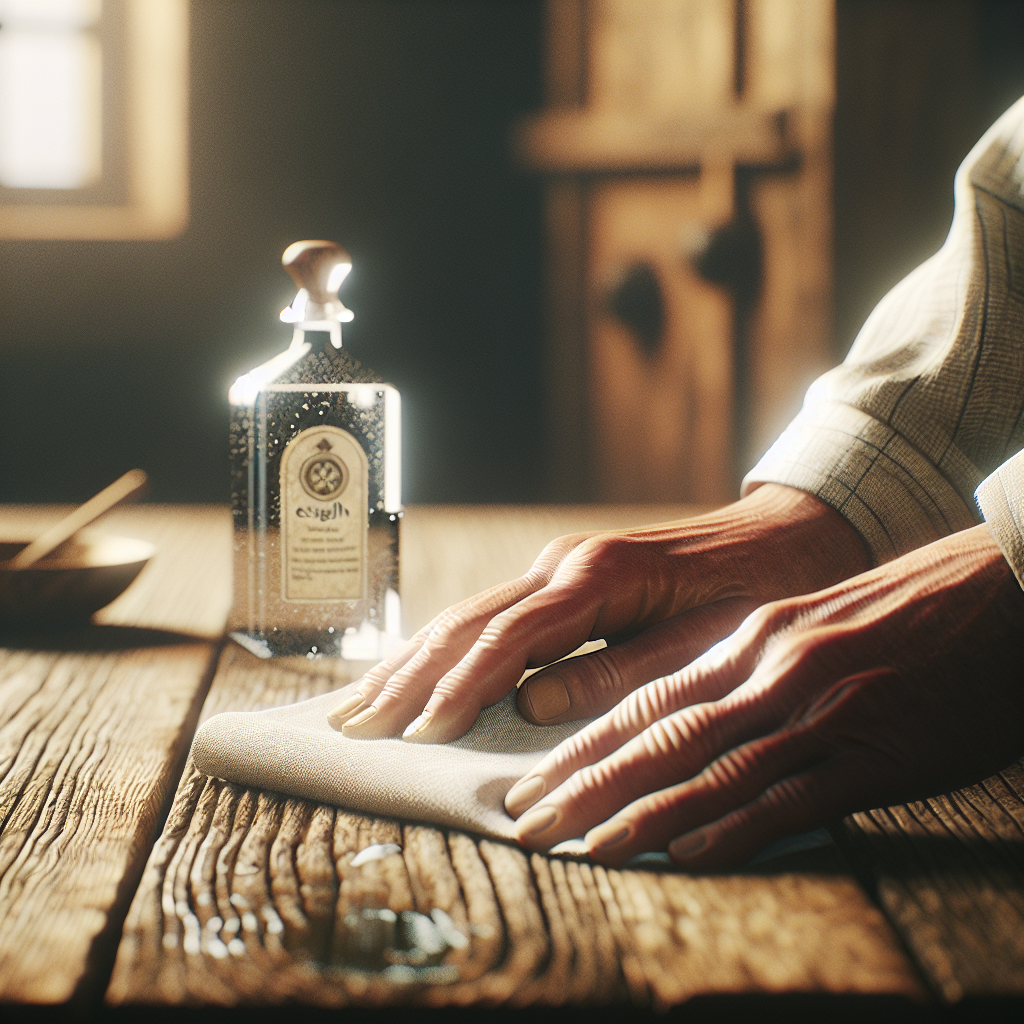 A pair of hands gently wiping a section of a wooden surface (e.g., a rustic wooden table or a cabinet door) with a soft, damp cloth. A small, stylized bottle labeled 'Essig' (vinegar) or a bowl with liquid is subtly visible in the blurred background. The focus is on the act of cleaning, implying the removal of odors and restoration of freshness. Warm, inviting lighting. Photorealistic style, clean aesthetic.