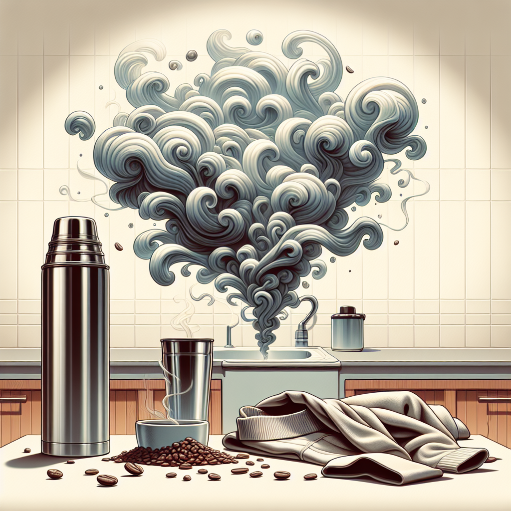 A stylized illustration depicting strong, swirling coffee aroma clouds visibly emanating from a thermos, a coffee cup, and a piece of clothing, set on a clean kitchen counter. The overall mood conveys an unwanted, persistent smell that needs to be removed. Bright, clean aesthetic with a hint of mild frustration.