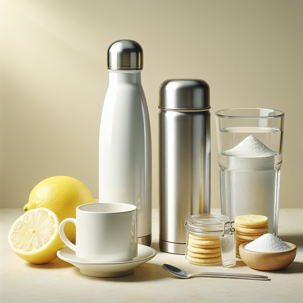 A bright and clean minimalist still life. A sparkling clean thermos and a coffee cup are placed centrally on a light surface. Around them are fresh lemon slices, a small bowl of baking soda, and a clear glass of water, symbolizing natural remedies for effective odor removal. The scene evokes freshness, cleanliness, and a sense of success, with soft, natural lighting.