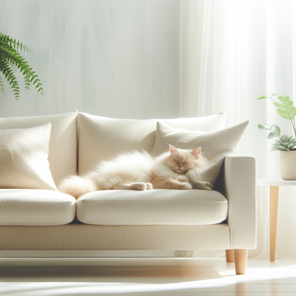 A cozy, clean living room bathed in soft, natural light. A fluffy, contented cat is peacefully napping on a pristine, light-colored sofa. The atmosphere is fresh and airy, conveying a sense of cleanliness and comfort, with subtle hints of freshness like a plant or a clean surface. High-quality photo, inviting and serene.