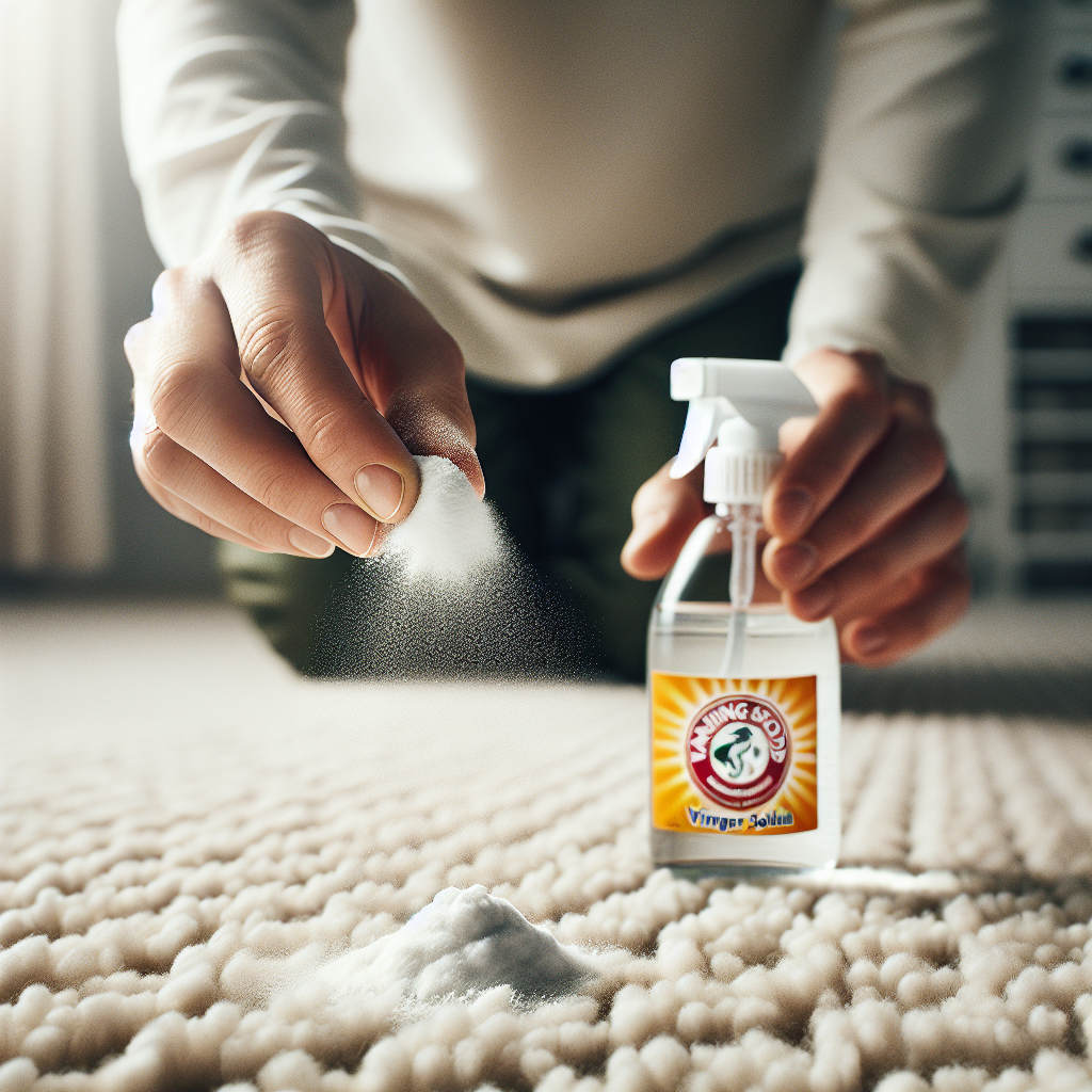 Close-up shot of hands gently sprinkling white powder (representing baking soda) onto a small, faint stain on a light-colored carpet. Next to it, a small spray bottle filled with a clear liquid (representing vinegar solution) is visible. The background is slightly blurred, focusing on the practical cleaning action and natural remedies. High-quality photo, clean and helpful.