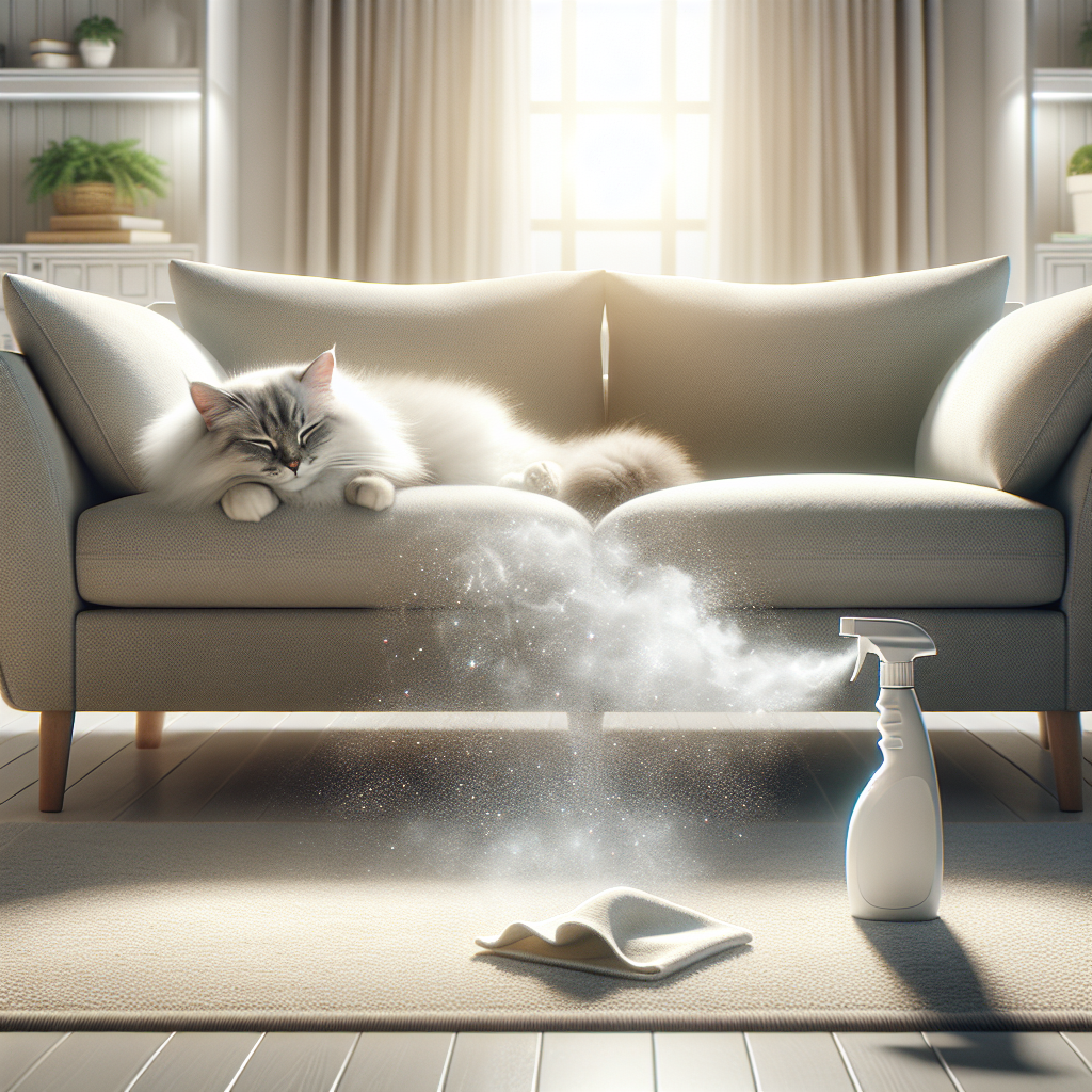 A bright, inviting living room with a cozy atmosphere. A fluffy domestic cat is peacefully napping on a clean, light-colored sofa. In the foreground, a subtle, abstract representation of a fresh, clean scent (like a gentle, sparkling mist) gently wafts over a freshly cleaned spot on the carpet, where a generic cleaning spray bottle and a clean cloth are visibly placed. The overall aesthetic is clean, modern, and conveys a strong sense of relief and freshness after tackling pet odors. Realistic photography, soft natural light.