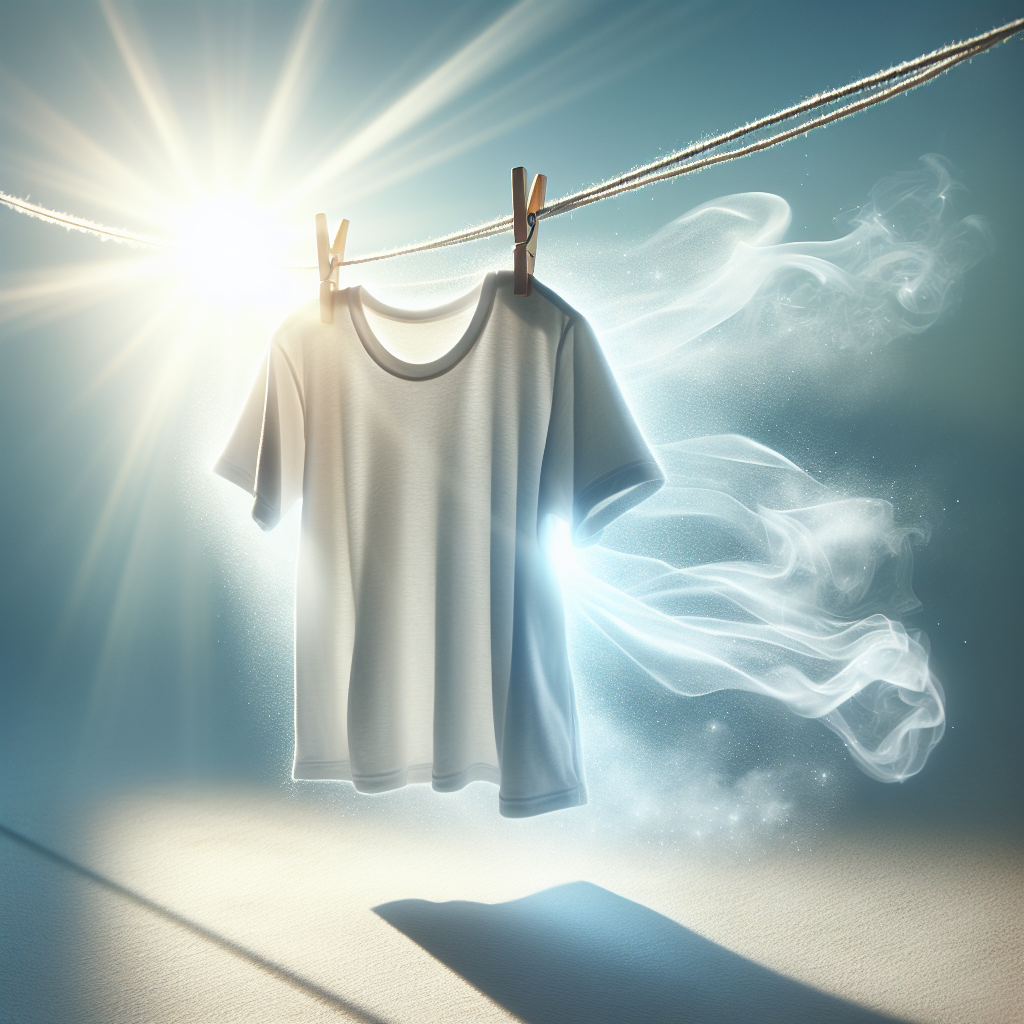 A pristine white t-shirt gently billowing in a soft breeze on a clothesline outdoors, bathed in warm morning sunlight. In the background, a subtle, ethereal mist representing dissipating unpleasant odors drifts away. The scene evokes cleanliness, freshness, and the power of natural ventilation. Realistic, bright, inviting atmosphere.