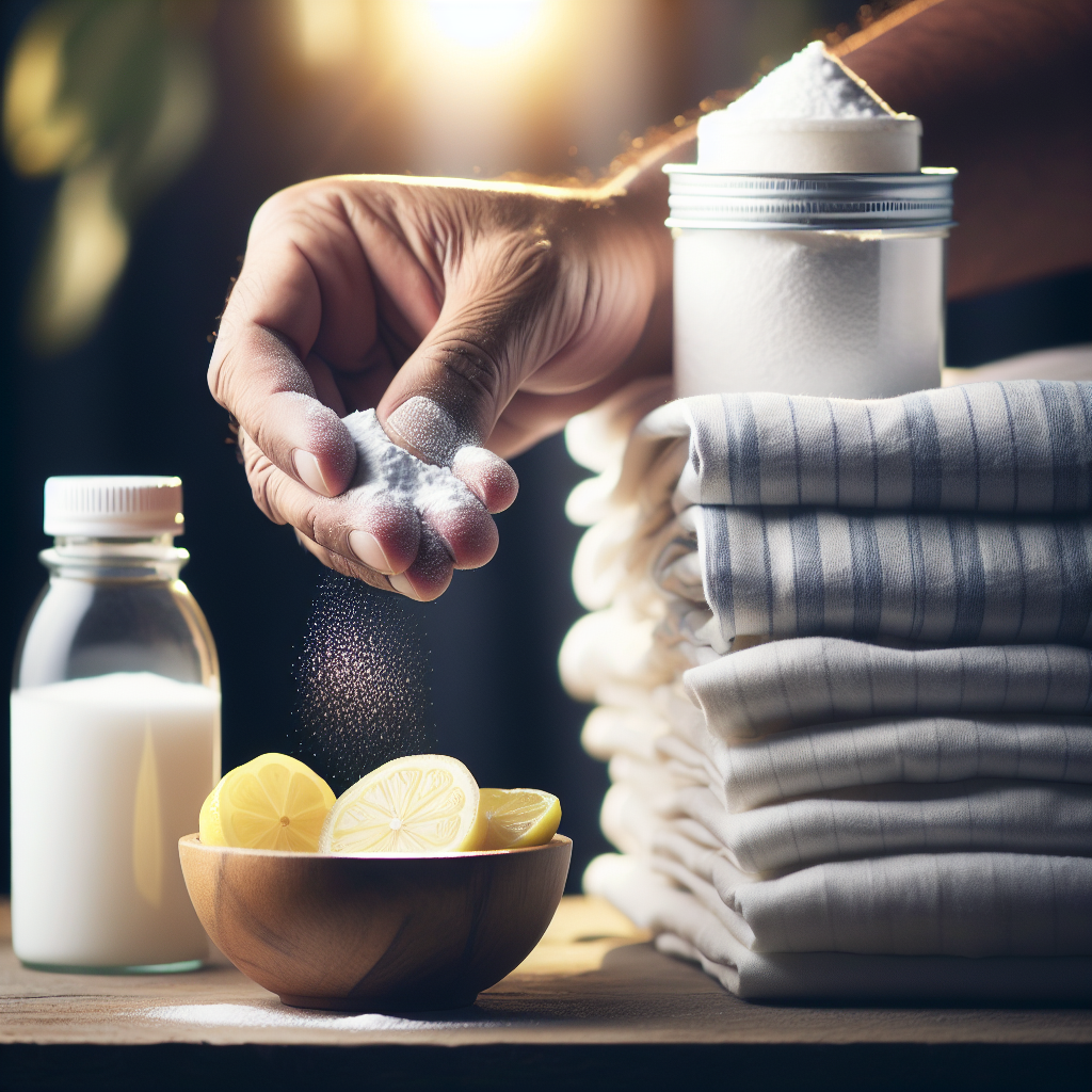 A close-up shot of a hand gently sprinkling white powder (representing baking soda) onto a pile of folded laundry. Nearby, a small bowl of sliced lemons and a bottle of white vinegar are visible on a wooden surface. The background is softly blurred, hinting at a clean laundry room or bathroom. The overall feel is natural, clean, and DIY. Soft lighting, realistic.