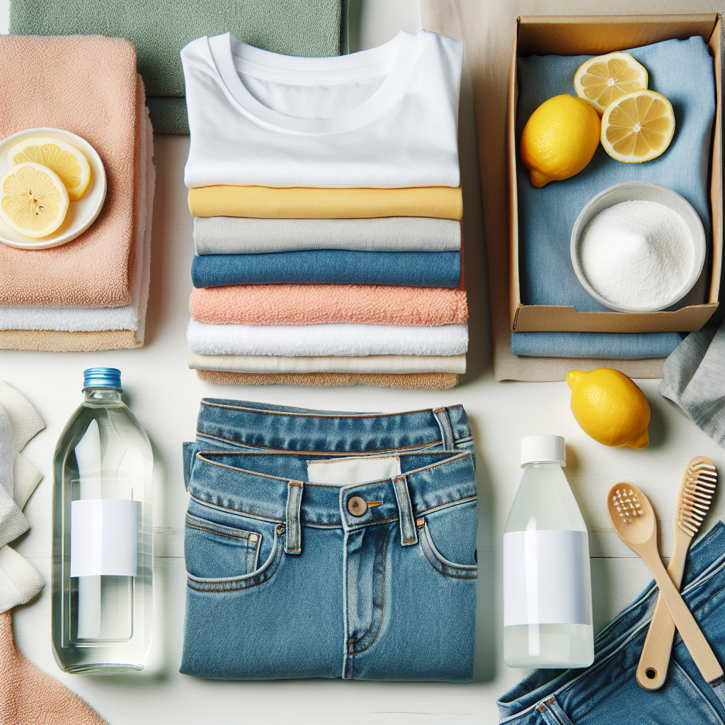 A vibrant, clean flat lay composition showcasing a pile of freshly washed, neatly folded clothes (like a t-shirt, towel, and jeans) alongside common household items: a clear bottle of white vinegar, a box of baking soda, and a few fresh lemon halves. The background is a bright, minimalist laundry room surface or a light wooden table, suggesting natural and effective odor removal.
