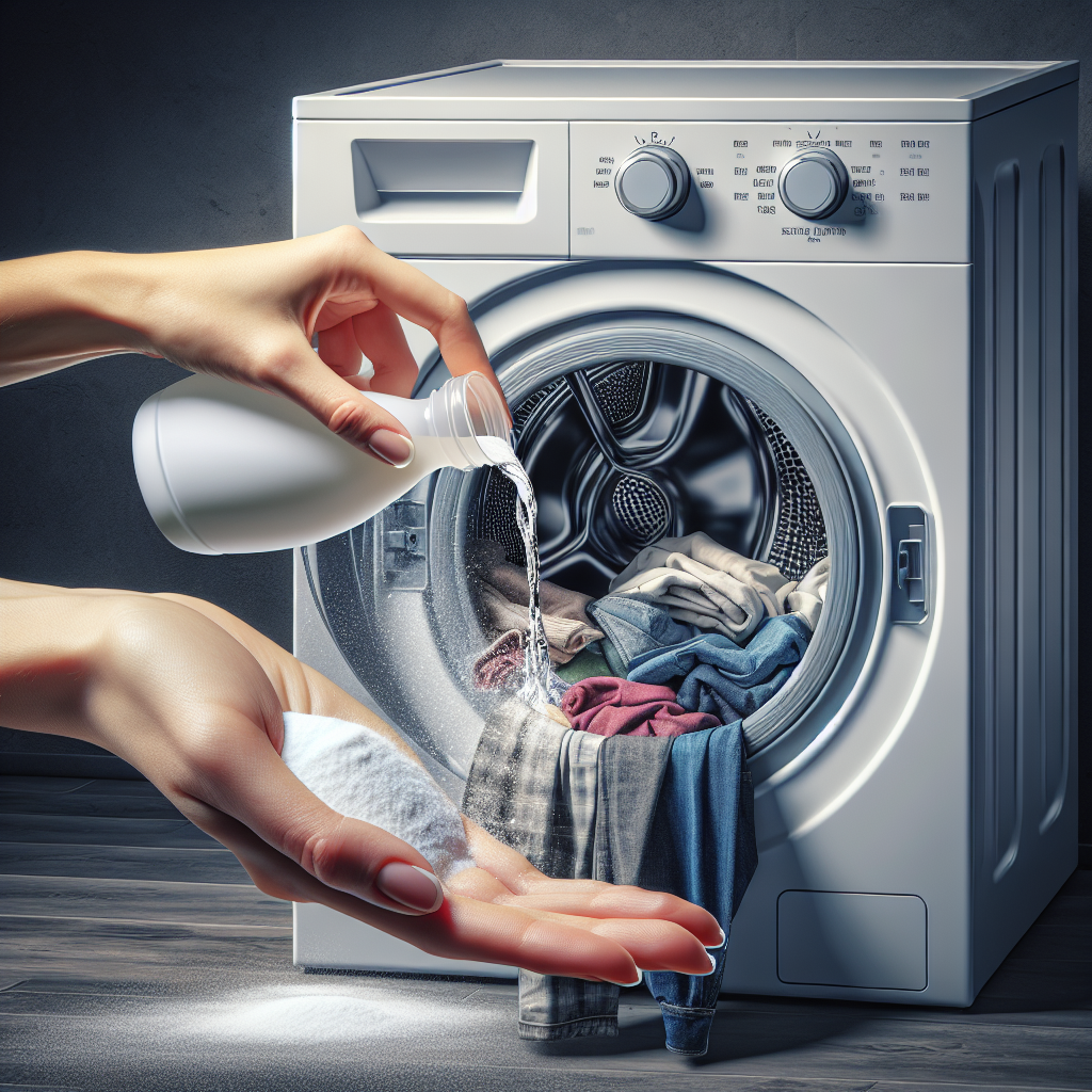 Close-up shot of a modern washing machine drum filled with various clothes. A hand is gently pouring a stream of liquid (symbolizing vinegar) or sprinkling a white powder (representing baking soda) into the drum. The scene is well-lit, emphasizing cleanliness and the practical application of home remedies for refreshing laundry, with a slight motion blur for the pouring action.