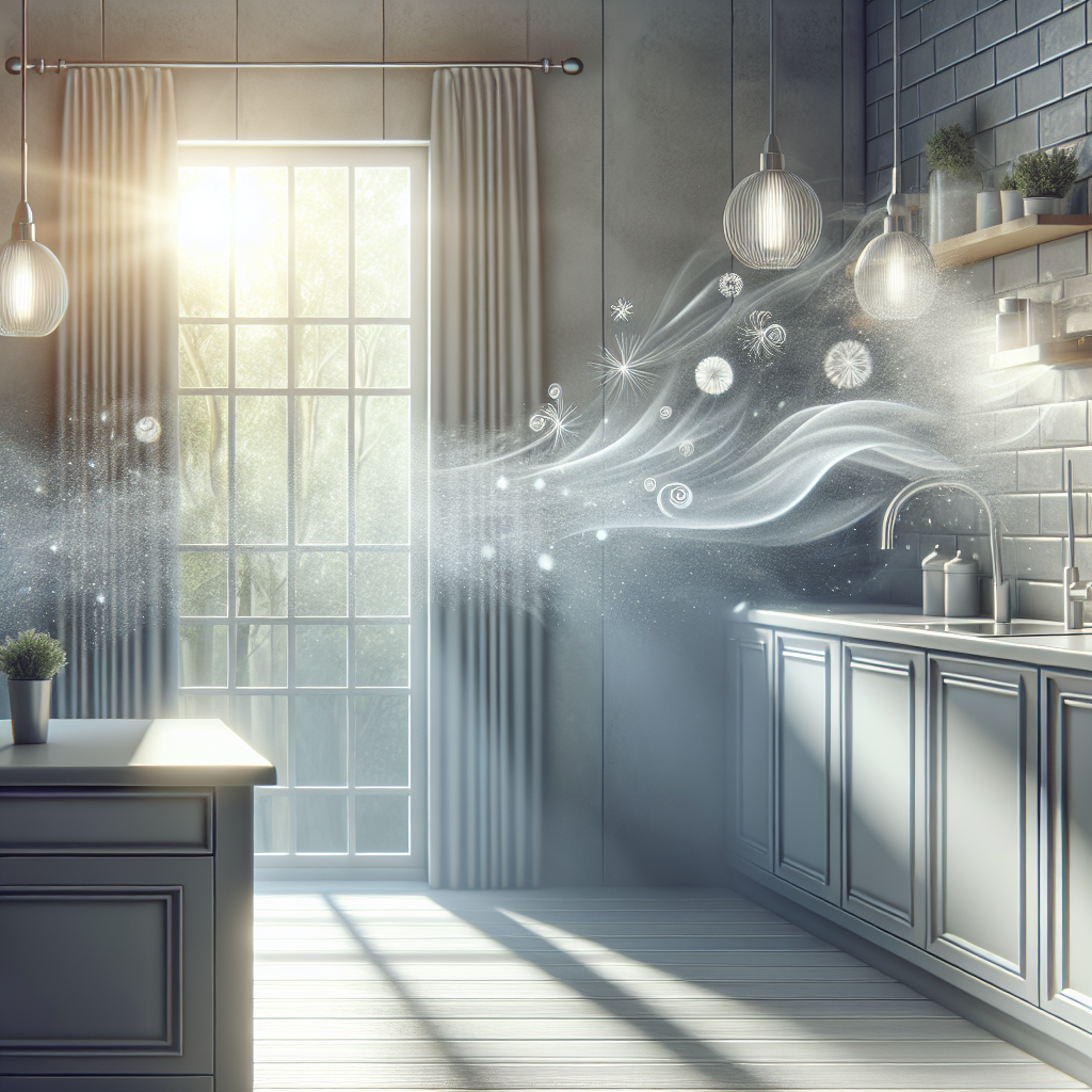 A bright, clean kitchen with an open window, sunlight streaming in. Stylized, pleasant fresh air symbols (like gentle breezes or glowing particles) are visibly entering the room, pushing out subtle, stylized grey wisps representing lingering bad odors. The kitchen feels inviting, pristine, and airy. Realistic photo, high detail.