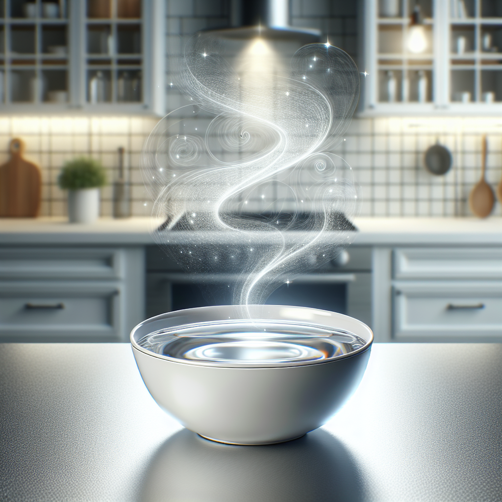 A close-up shot on a sparkling clean kitchen counter, featuring a small, elegant white bowl filled with clear vinegar. A subtle, almost invisible 'wave' or 'aura' emanates from the vinegar, visually neutralizing faint, stylized grey wisps of bad odor in the air around it, making the atmosphere appear clean and fresh. The background is a bright, slightly blurred modern kitchen. High-quality product photography style.
