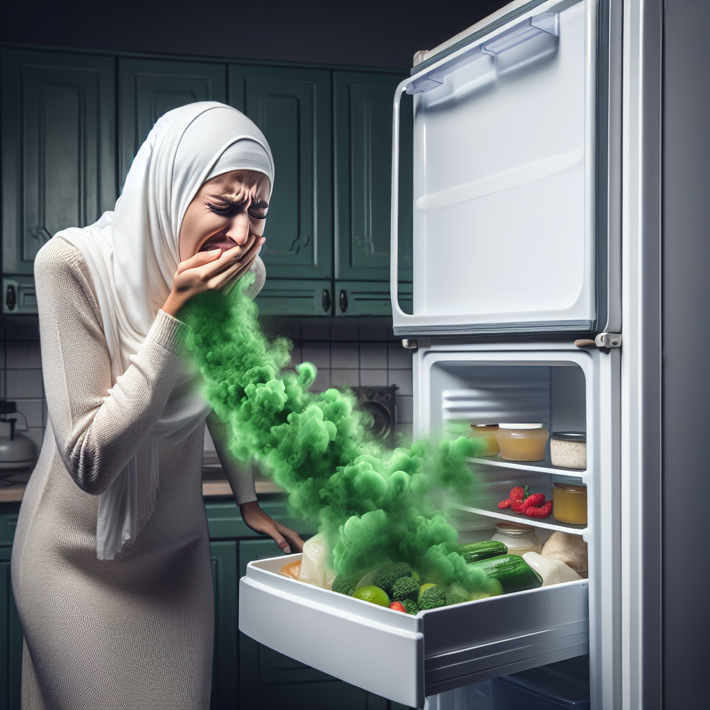 A person recoiling in disgust as they open a refrigerator door, with a visible, slightly green cloud of unpleasant odor wafting out. The inside of the fridge shows some forgotten, slightly spoiled food items and a general disarray, emphasizing the problem of bad smells. Realistic photography style, focus on the emotion and the visual representation of odor.
