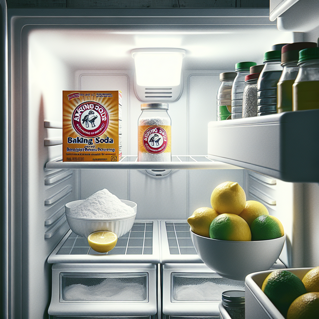 A sparkling clean and perfectly organized refrigerator interior. On one shelf, an open container of baking soda is visible, and on another, a small bowl with fresh lemon slices. The fridge is bright, fresh, and inviting, symbolizing successful odor removal and cleanliness. Soft, natural lighting, high-resolution photography.