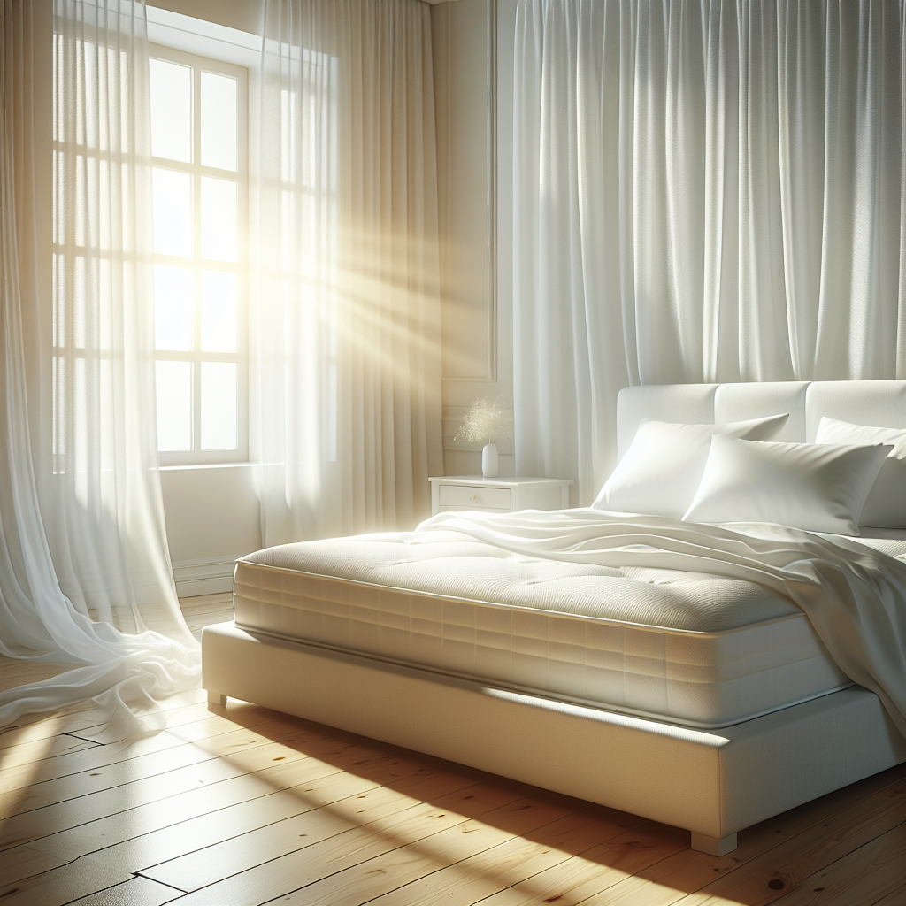 A serene and inviting bedroom scene with an impeccably clean, white mattress as the focal point. The bed is perfectly made with crisp, white linens and plump, fresh pillows. Soft, warm sunlight streams into the room through a large window, creating a glowing and airy atmosphere. A sheer, white curtain gently billows, subtly indicating fresh air. The overall mood is one of ultimate freshness, comfort, and peaceful sleep, symbolizing a mattress free from odors. High-key lighting, bright, clean aesthetic.