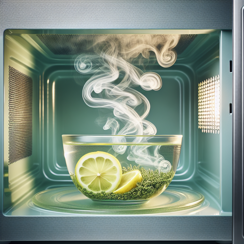 A close-up shot inside a modern, clean microwave oven. Faint, translucent wisps of brown-green 'unpleasant odor' are subtly swirling near the back, contrasting with a small, clear glass bowl filled with fresh lemon slices and water placed in the foreground. The image should convey both the problem of microwave odor and the natural solution, with bright, realistic photography.