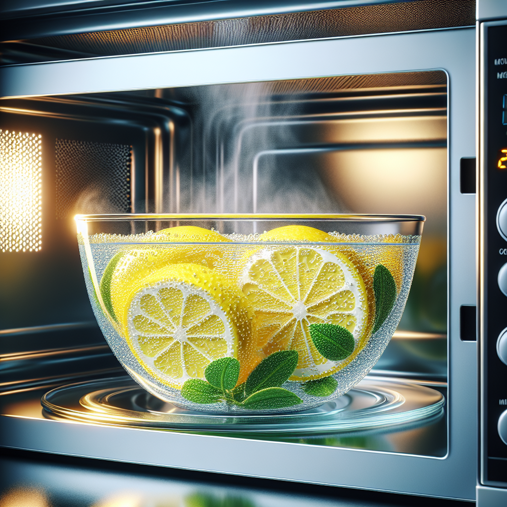 Inside a sparkling clean, modern microwave, a clear glass bowl filled with water and vibrant, freshly cut lemon slices is gently steaming. The scene is brightly lit, emphasizing freshness, natural remedies, and a pristine, inviting atmosphere. Realistic, high-quality photography.