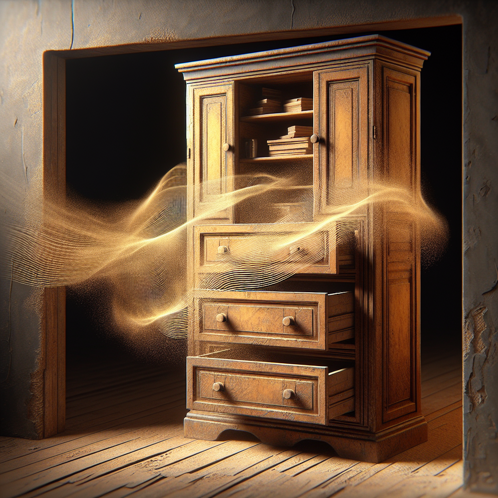 A dusty, antique wooden cabinet with partially opened drawers, revealing an interior that looks neglected. A subtle, yellowish-brown haze or faint, wavy lines emanate from the furniture, visually representing a stale, musty odor. The room is dimly lit, emphasizing the problem. Realistic, atmospheric.