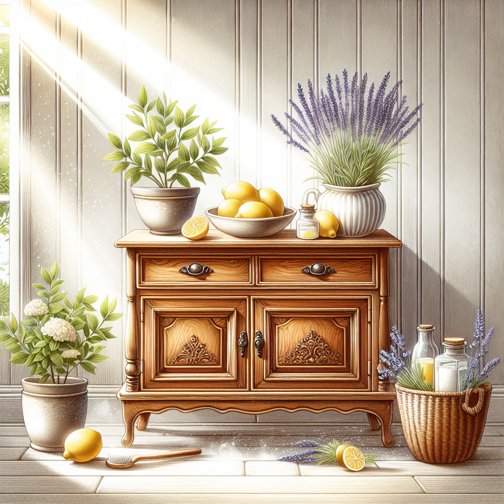 The same antique wooden cabinet, now meticulously clean and vibrant, sitting in a bright, sunlit room. A gentle, crisp white mist or sparkling air visually represents a fresh, clean scent. A bowl of lemons or a sprig of fresh lavender sits on top of the cabinet, symbolizing natural remedies and a pleasant aroma. Realistic, clean, and inviting.