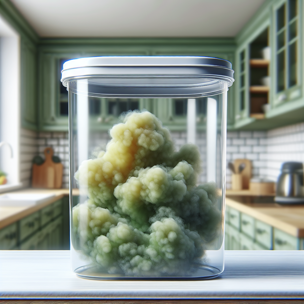 A transparent plastic food storage container on a kitchen counter, with a visible, unpleasant, greenish-yellow cloud-like odor emanating from its opening. The kitchen is tidy but the container clearly has an lingering, foul smell. Realistic, detailed, slightly desaturated colors.