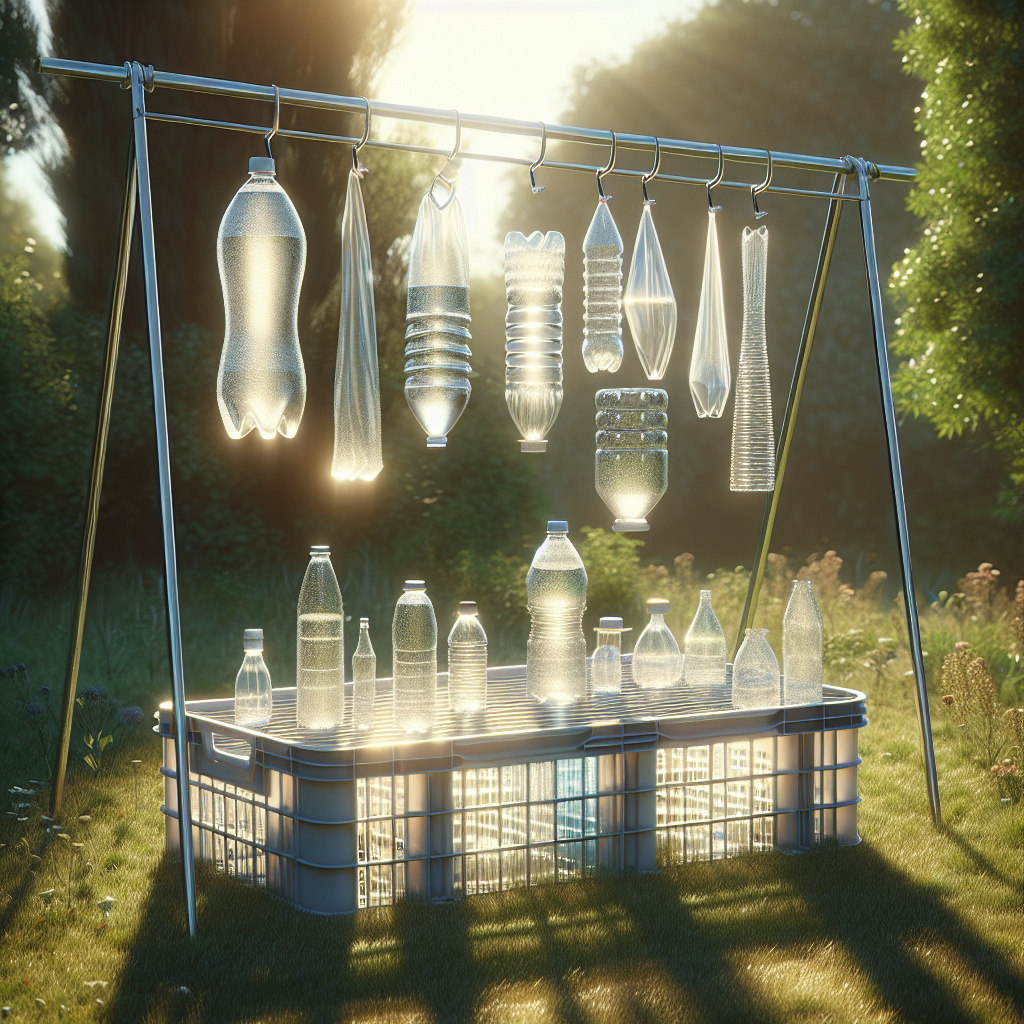Several various transparent plastic containers and bottles, sparkling clean and fresh, drying upside down on a sunlit windowsill or outdoor drying rack. A gentle breeze is subtly suggested, and the scene conveys a strong sense of cleanliness and renewed freshness. Bright, natural lighting, realistic style.