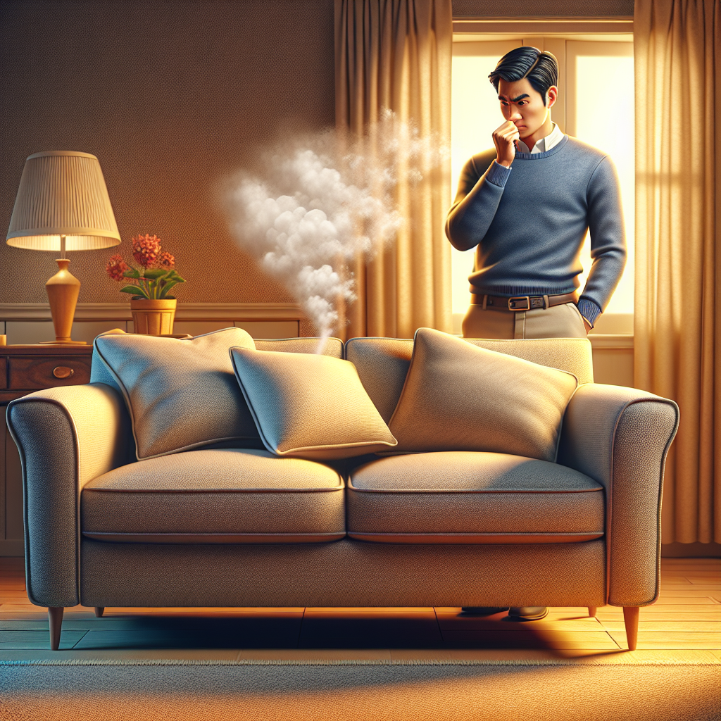 A cozy living room scene with a comfortable upholstered sofa. A person is subtly reacting to a faint, unpleasant smell emanating from the sofa, perhaps with a slight wrinkle of the nose or a subtle visual representation of a 'smell cloud' above the cushions. The lighting is warm, evoking a common household problem. Realistic style.