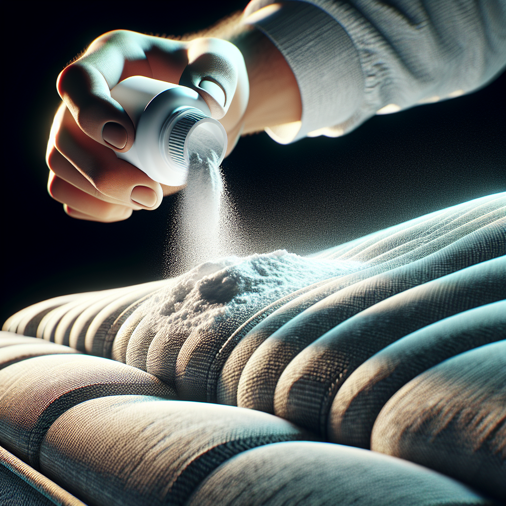 A close-up shot of a hand gently sprinkling fine white powder, clearly identifiable as baking soda, onto the fabric of a clean, light-colored upholstered sofa or armchair. The scene should convey freshness, cleaning, and care. Bright, natural lighting highlights the texture of the fabric and the powder. Realistic style.