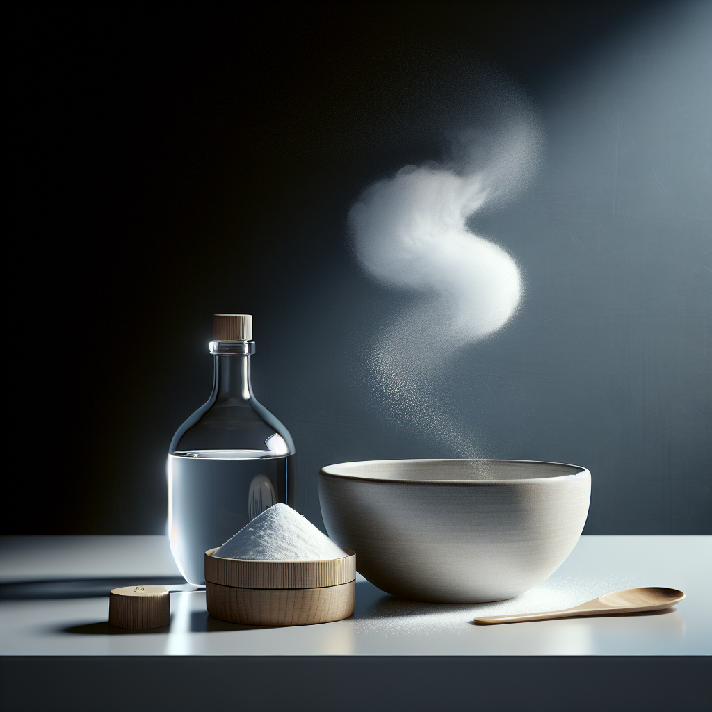 A well-lit, close-up scene on a modern kitchen counter or clean table. A simple ceramic bowl containing a clear liquid (representing vinegar solution) is prominent, next to a small, open container with white powder (baking soda). The composition conveys a sense of natural, home-based odor neutralization, with a subtle, abstract visual effect suggesting unpleasant smells are being gently absorbed or dissipated from the air around these elements. Clean, calm, effective.