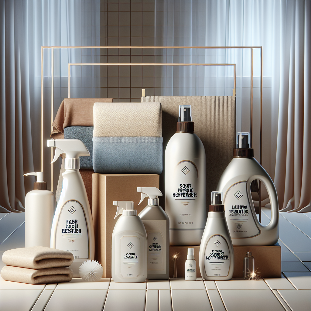 An aesthetically arranged flat lay or shelf display of various odor-removing products with a clean, modern design. Include a fabric refresher spray bottle, a room freshener spray bottle, a laundry additive bottle, and a general odor neutralizer container. All products should have generic 'Rossmann'-like branding and packaging colors. The background is softly blurred, suggesting a fresh, clean home environment. High-quality product photography style.