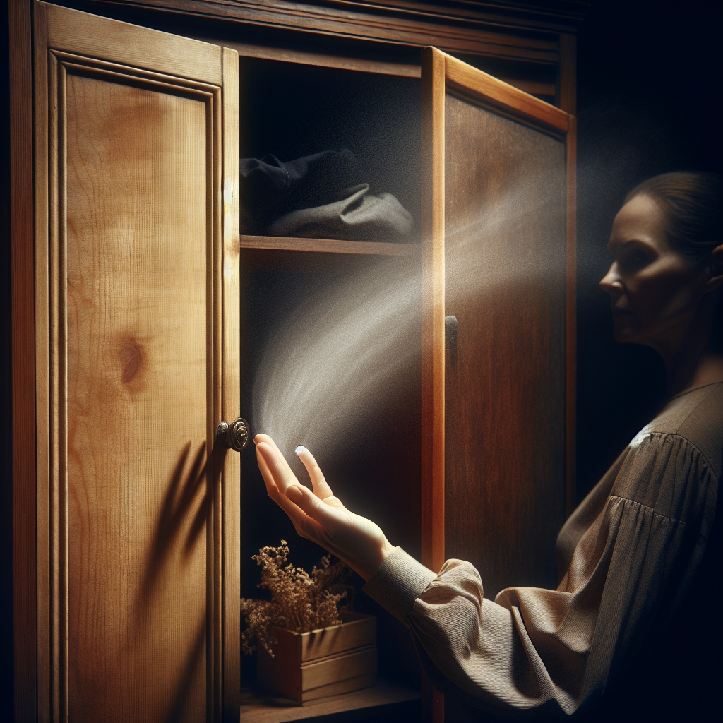A slightly open wooden wardrobe door in a dimly lit room, with a subtle, almost visible wave of musty air gently wafting out. A person's hand is tentatively reaching towards the opening, as if checking for the unpleasant smell. The interior of the wardrobe is dark and indistinct, hinting at the unknown source of the odor. Realistic photo, atmospheric lighting.