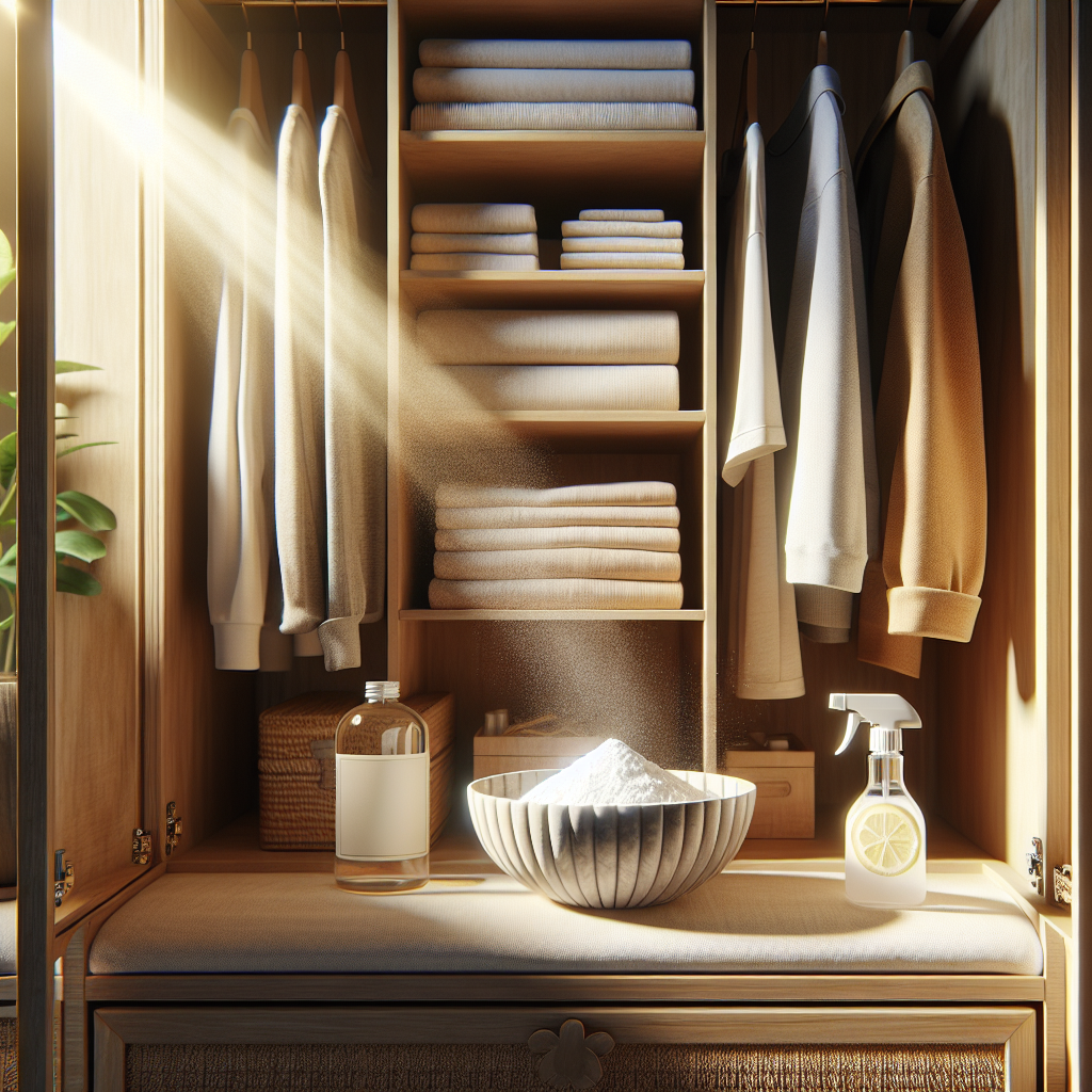 A brightly lit, wide-open wooden wardrobe. The shelves and interior are visibly clean and organized, with neatly folded clothes. On one shelf, a small, elegant bowl contains white powder (like baking soda) and a small, eco-friendly spray bottle with a lemon slice visible, symbolizing natural cleaning solutions. Sunlight streams into the wardrobe, creating a fresh and inviting atmosphere. Realistic photo, focus on cleanliness and natural remedies.