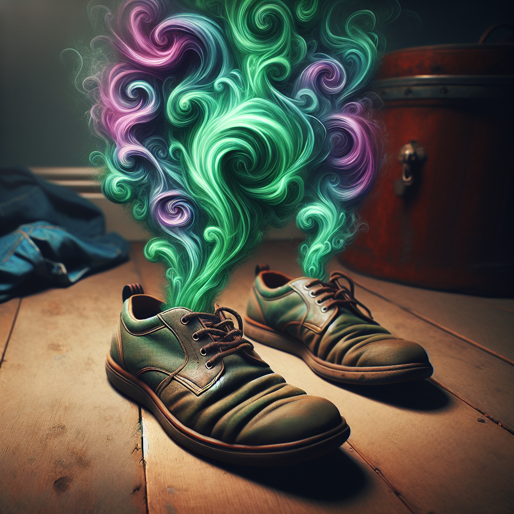 A pair of worn, everyday shoes, one slightly open, on a wooden floor or mat. A visible, swirling cloud of unpleasant green or purple vapor emanates from inside the shoes, suggesting a strong bad odor. The overall scene should be slightly stylized but realistic, conveying the 'shoe odor' problem in a relatable way. Focus on the shoes and the emanating smell.