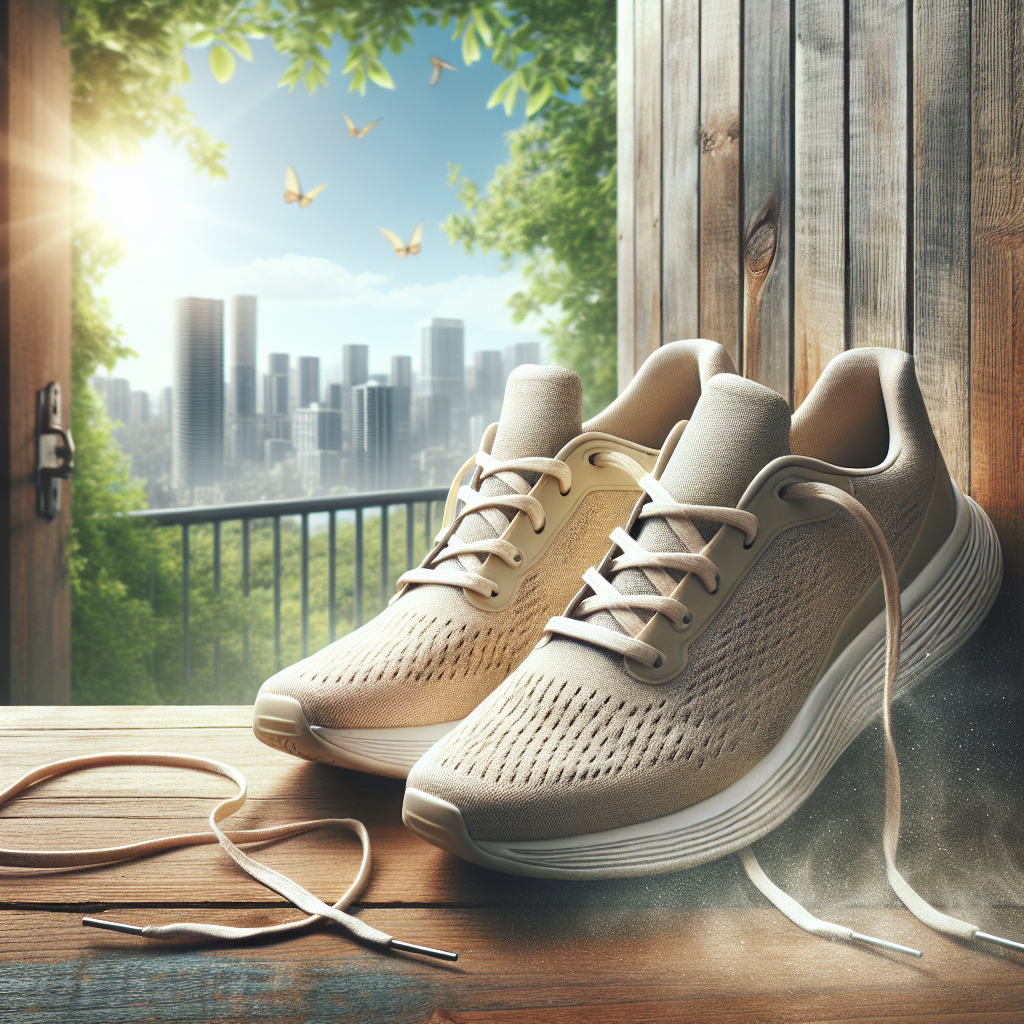 A pair of clean, fresh-looking athletic shoes or sneakers placed on a light-colored surface, like a wooden balcony railing or an open windowsill. A gentle breeze is subtly hinted, perhaps with soft, bright natural light illuminating the scene and a hint of a fresh outdoor background. The image should convey a sense of cleanliness, freshness, and airiness, symbolizing shoes being aired out and refreshed.