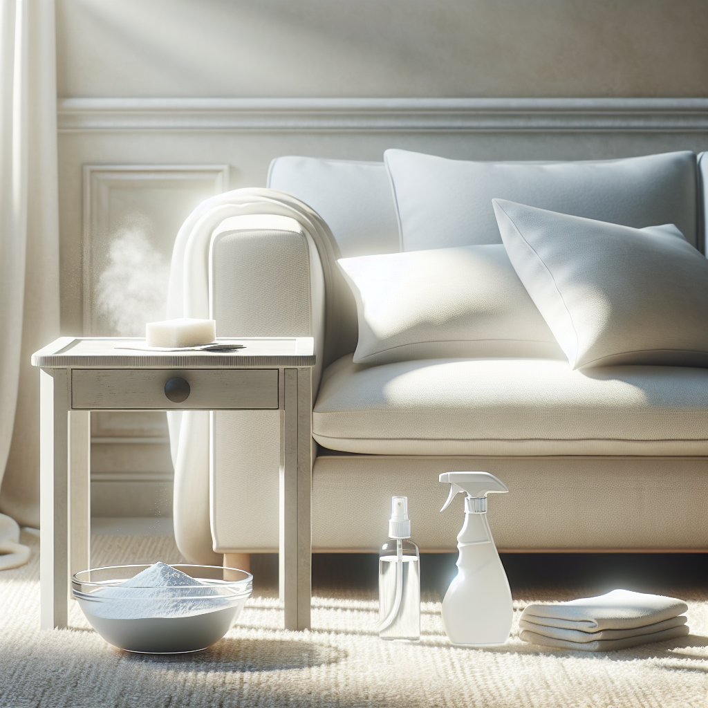A pristine, inviting sofa in a sunlit living room, exuding a sense of freshness and cleanliness. On a small side table, a bowl of white powder (baking soda), a spray bottle, and a clean cloth are artfully arranged, symbolizing natural home remedies for sofa odor removal. The overall atmosphere is airy, comfortable, and free from unpleasant smells, with soft textures and a serene color palette.