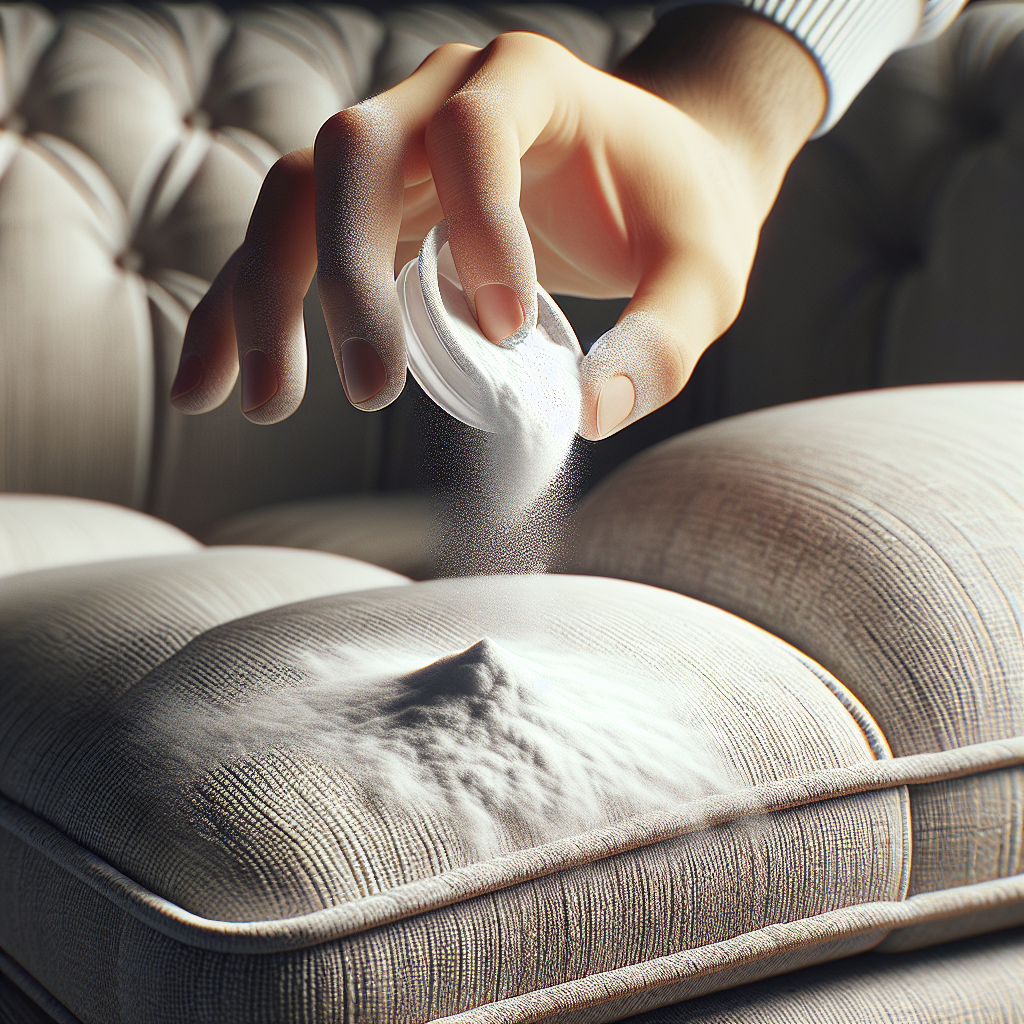 Close-up shot of a hand gently sprinkling a fine layer of white baking soda (Natron) powder over the fabric of a comfortable, upholstered sofa. The sofa's texture is visible, and the scene implies a meticulous cleaning process using natural home remedies to absorb odors. Soft, natural light illuminates the scene, emphasizing the simple, effective method.