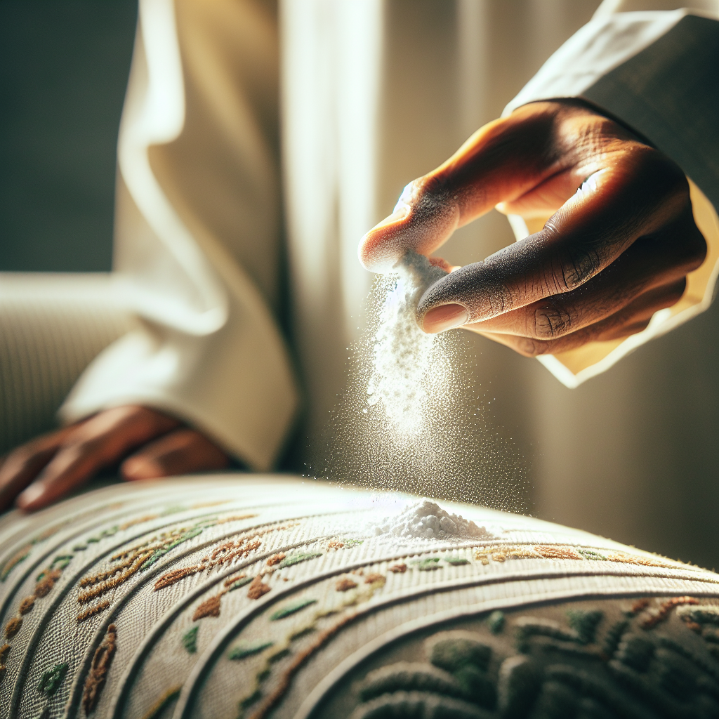 A person's hands gently sprinkling a white powder (like baking soda) over a light-colored fabric sofa, with a subtle focus on the sofa's texture and the powder settling in. The scene should be bright, clean, and convey a feeling of effective home cleaning for freshness. Realistic photo, soft natural light.