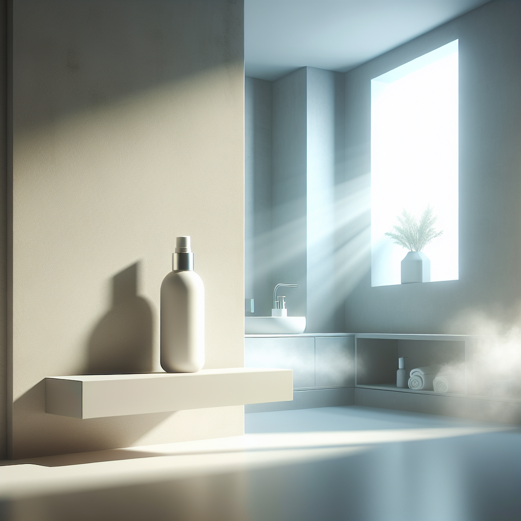A modern, minimalist bathroom with a subtle, clean mist lingering in the air, suggesting freshness. A sleek odor remover spray bottle is prominently displayed on a clean, light-colored shelf. Sunlight streams through a window, highlighting the crispness of the air. High detail, realistic photography style.