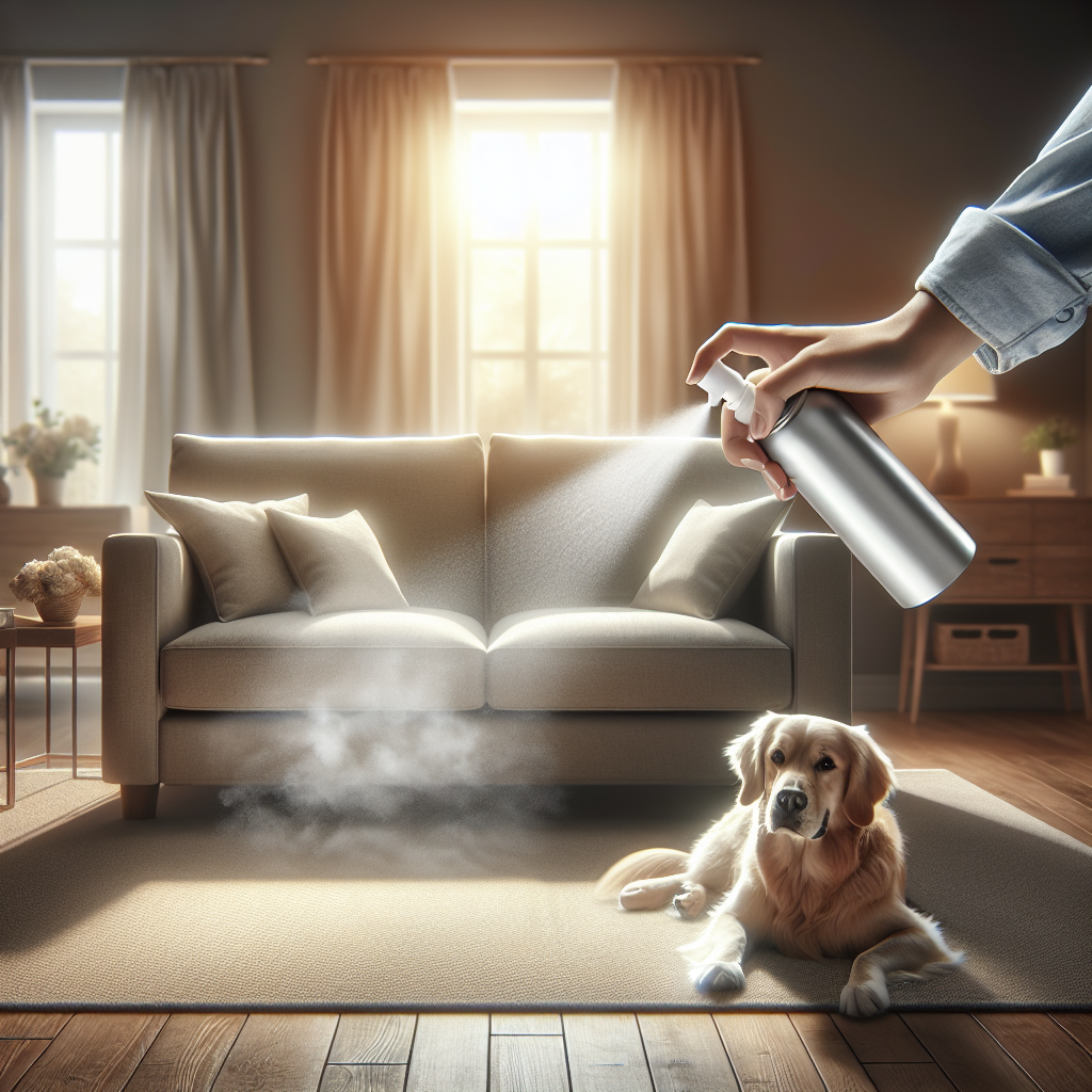 A cozy living room scene where a hand is gently misting an odor remover spray over a plush sofa. A content-looking pet (e.g., a dog or cat) is resting peacefully nearby, implying the removal of pet odors. The room feels fresh, clean, and inviting with soft, natural light. High resolution, realistic.