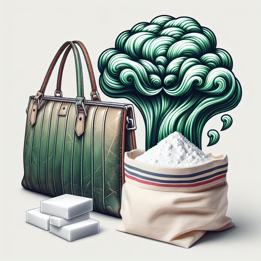 A stylish, slightly distressed leather handbag emitting a stylized, slightly green or grey wavy 'bad smell' cloud from its opening, contrasting with a sparkling clean, fresh canvas tote bag, wide open, with a small pile of white baking soda powder visible inside. The overall aesthetic should be clean and bright, with a clear focus on odor removal.
