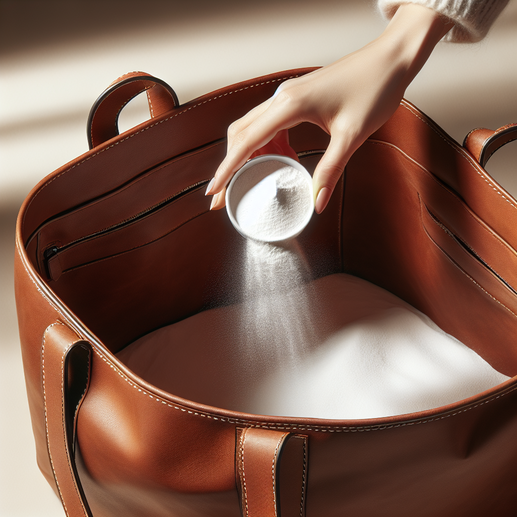 Close-up shot of an elegant hand gently sprinkling white baking soda powder into a beautifully crafted, empty brown leather tote bag. The bag is open and clean, with a soft, natural light illuminating the interior, suggesting freshness and effective odor removal. Minimalistic background.