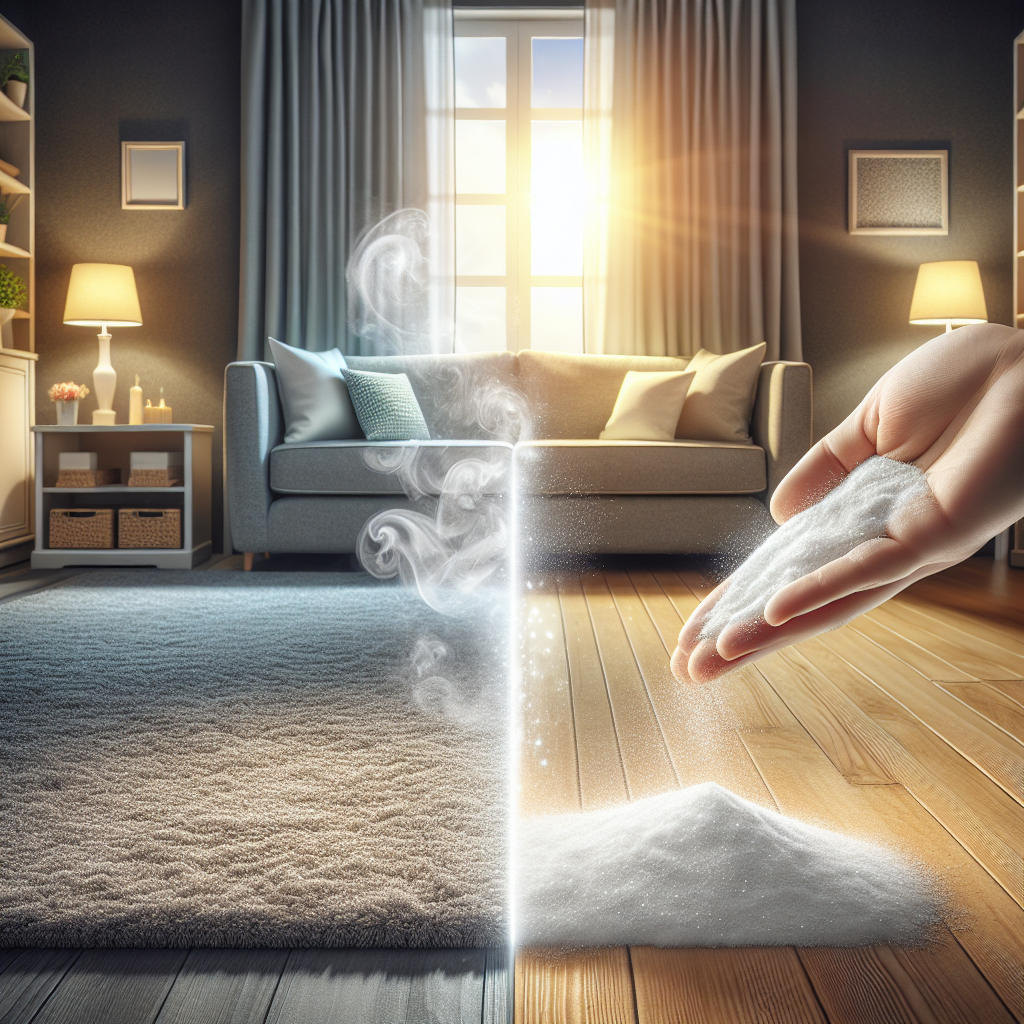 A cozy, light-filled living room scene. On one side of the image, a soft, comfortable carpet subtly emits a faint, grey, unpleasant odor cloud, subtly illustrated. On the other side, the same carpet area appears visibly fresh, with bright, sparkling air and a subtle glow, radiating a clean, pleasant scent. A hand is gently sprinkling white powder (like baking soda) onto the transitioning area of the carpet. Bright, inviting, realistic photography style, --ar 16:9