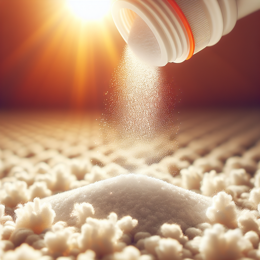 Macro shot of soft, clean carpet fibers in warm, natural light. A fine, white, granular powder (like baking soda) is gracefully falling onto the carpet, with a subtle, fresh, clean energy radiating outwards from the point of contact, symbolizing odor neutralization. The background is softly blurred, emphasizing detail and freshness. High detail, refreshing aesthetic, --ar 16:9