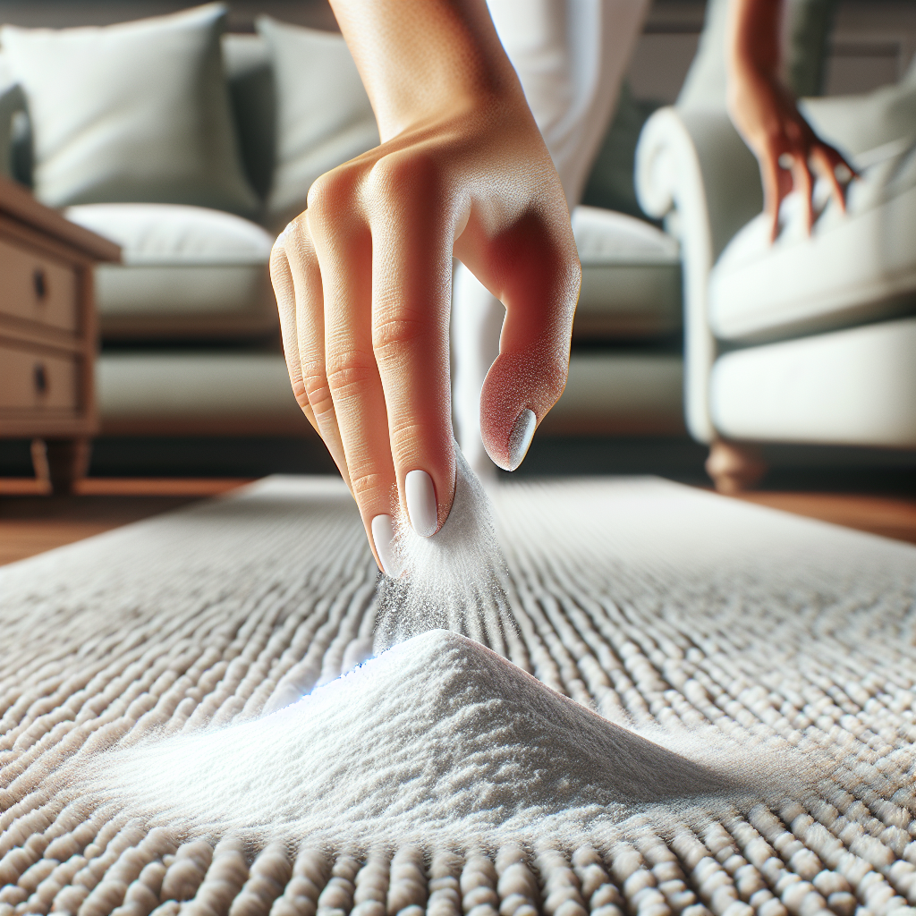 A close-up shot of a human hand gently sprinkling white baking soda powder (Natron) generously over a section of a textured, light-colored living room carpet. The scene is well-lit, highlighting the fine powder and the soft texture of the carpet. The overall mood is clean and efficient, focusing on the natural home remedy process, hyperrealistic, clean aesthetic.