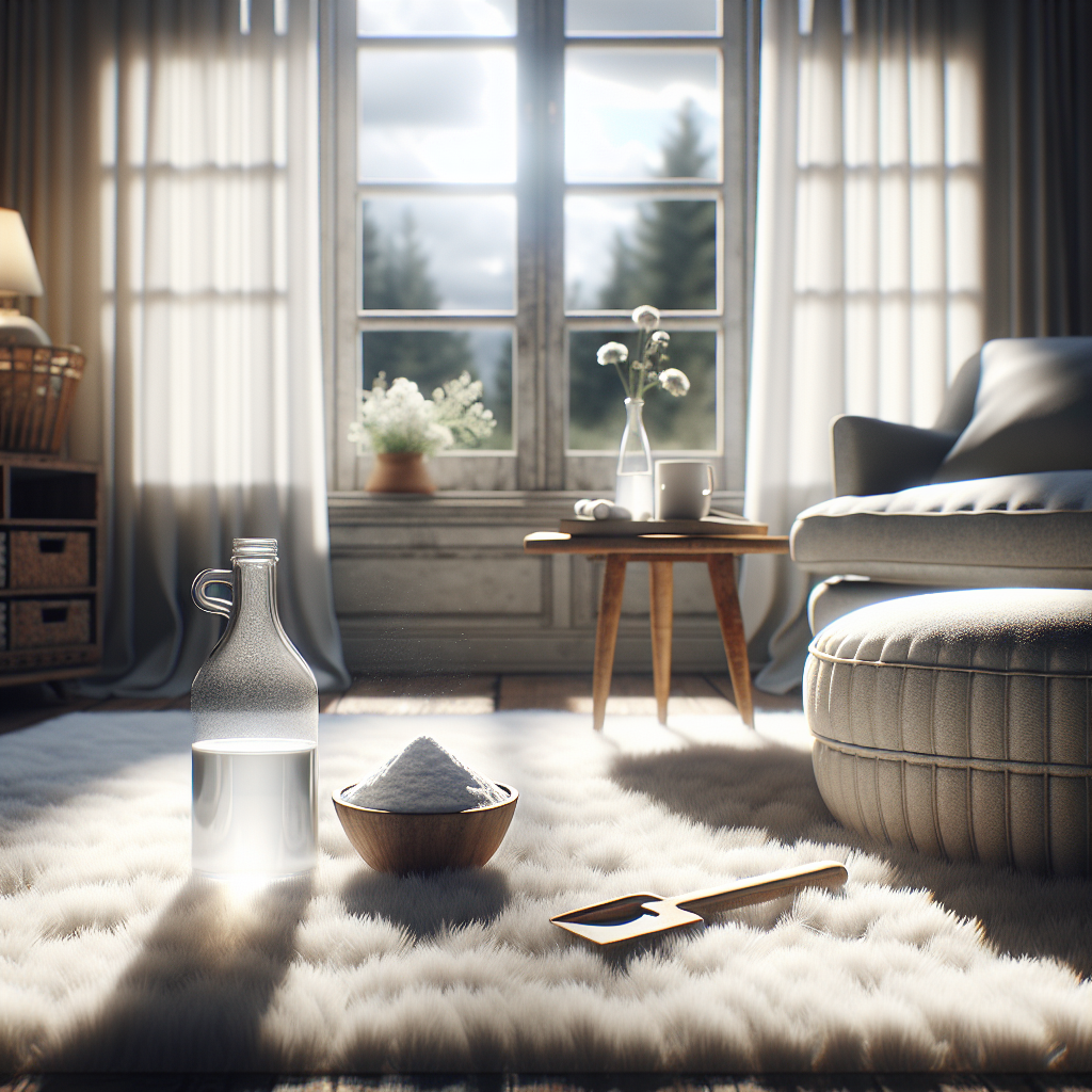A cozy, sunlit living room with a fresh-looking, clean carpet as the centerpiece. A gentle breeze seems to flow through an open window, bringing in natural light and implying fresh air. Subtly arranged on a small table or on the floor nearby are a small bowl of baking soda and a rustic bottle of white vinegar, symbolizing natural ingredients for odor elimination. The overall ambiance is peaceful, clean, and refreshing, modern photography style.