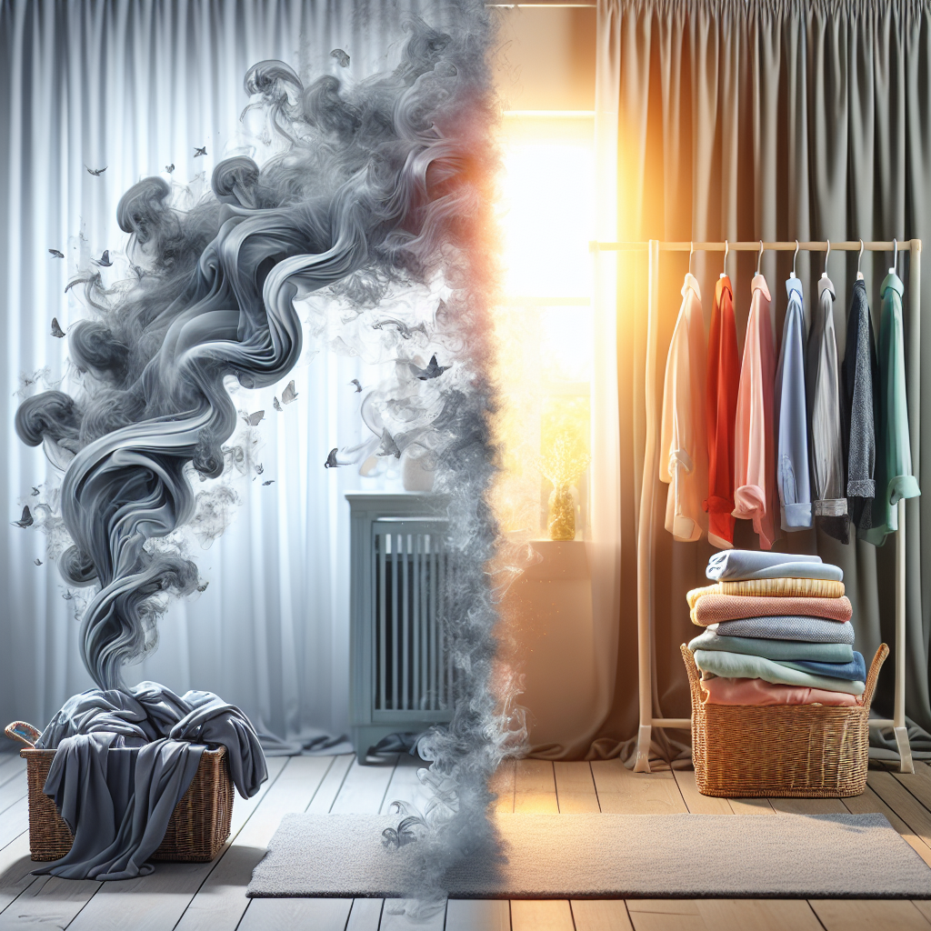 A visually striking image depicting the transformation of textiles from stale and odorous to fresh and clean. On one side, subtle, swirling grey wisps symbolizing unpleasant odors leave a stack of slightly crumpled clothes and a draped curtain. On the other side, the same textiles appear bright, crisp, and emit a delicate, luminous light, symbolizing freshness and a pleasant scent. The background is clean and inviting, with soft natural light. Modern blog aesthetic.