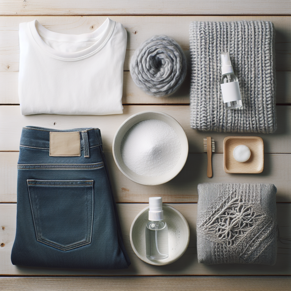 A minimalist and clean flat lay composition on a light wooden surface. In the center, a neatly folded white t-shirt, a grey knitted throw, and a pair of denim jeans. Next to the textiles, a small white ceramic bowl filled with white baking soda (Natron) and a clear glass spray bottle (implying a vinegar solution) are subtly placed. Soft, diffused natural light illuminates the scene, creating a sense of calm, natural cleanliness, and effective home remedies. Top-down view, high-resolution, blog photography style.