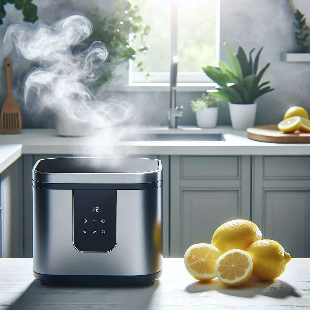 A modern kitchen counter with a sleek Thermomix standing. A faint, swirling grey vapor subtly emanates from the Thermomix, symbolizing an unpleasant odor. Beside it, a vibrant, freshly cut lemon and several lemon slices are prominently displayed, representing the natural remedy for freshness. Bright, clean kitchen aesthetic, natural light.