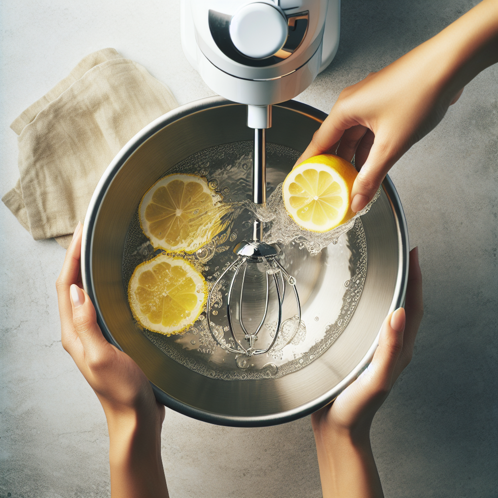 Close-up, top-down view inside a clean Thermomix mixing bowl. A hand is gently placing bright yellow lemon slices and a splash of clear water into the bowl, ready for the cleaning process. The image should convey freshness, natural cleaning, and a sense of purity. Soft, inviting kitchen lighting.