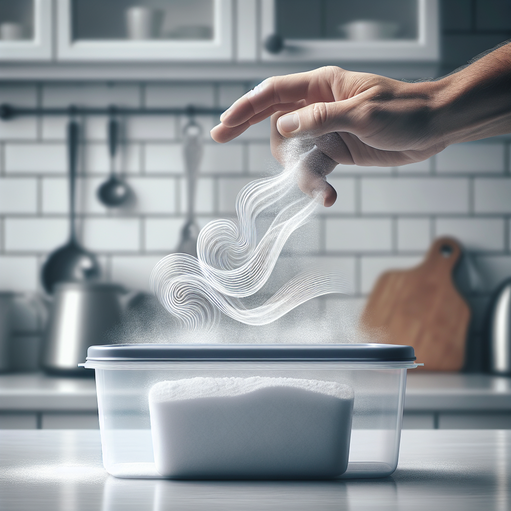 A clear plastic food storage container (Tupperware style) on a clean kitchen counter, emitting subtle, light grey wavy lines to abstractly represent an unpleasant odor. A hand is sprinkling white powder (baking soda) into the container. The background is a slightly blurred, bright kitchen. Realistic photography style, focus on the container and hand.