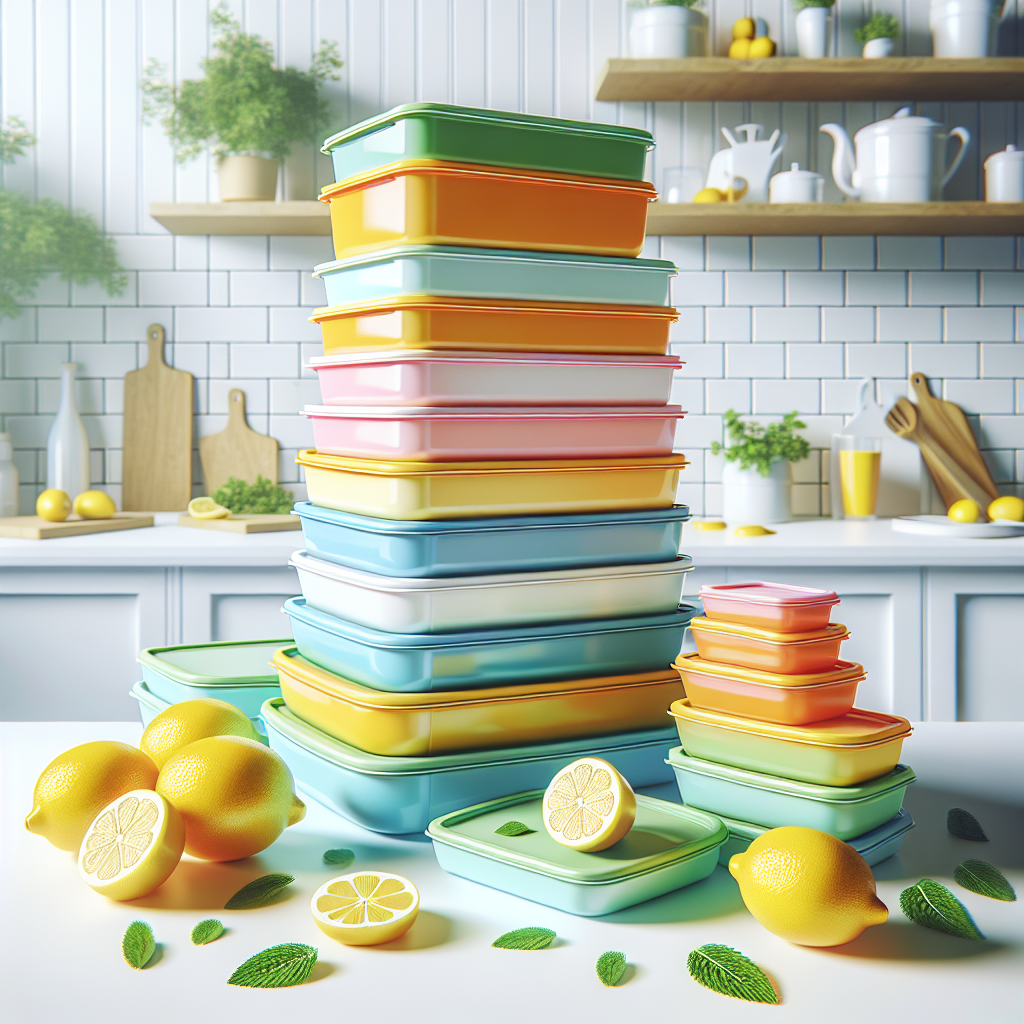 A stack of perfectly clean, sparkling plastic food storage containers (Tupperware style) in various cheerful colors, sitting on a white kitchen island. Fresh lemon slices and a few green mint leaves are scattered around them, emphasizing freshness. Bright, airy, and inviting atmosphere. Studio photography, vibrant colors.