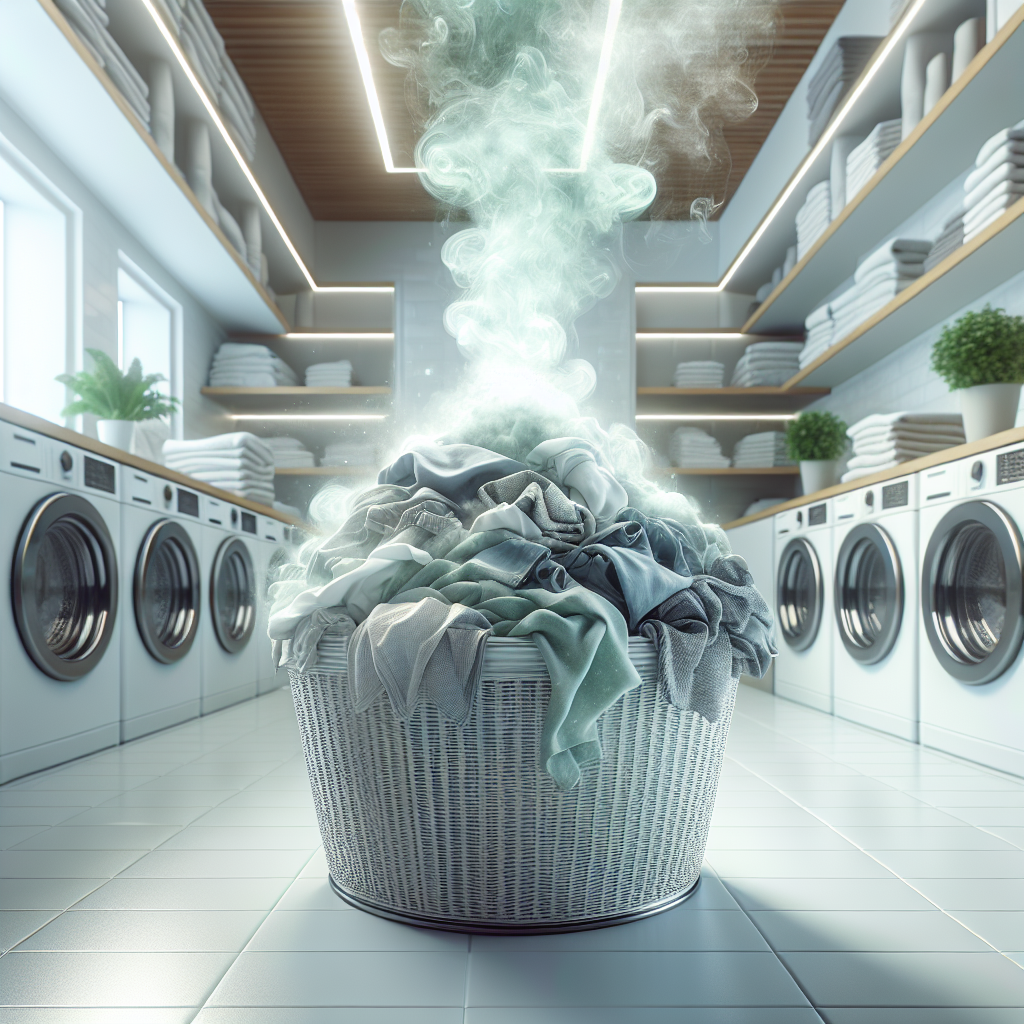 A close-up, realistic photo of a pile of freshly laundered clothes, still in a laundry basket, with a stylized, very subtle light grey or green wisps emanating from them, visually suggesting a lingering unpleasant odor. The background is a clean, modern laundry room, bright and inviting. Focus on the contrast between the clean setting and the lingering smell. High detail, natural lighting.